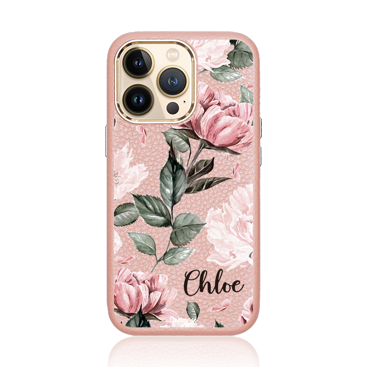 藕色牡丹 蜜荔殼 蜜荔粉皮革殼 - (訂製名字) iPhone客製化手機殼
