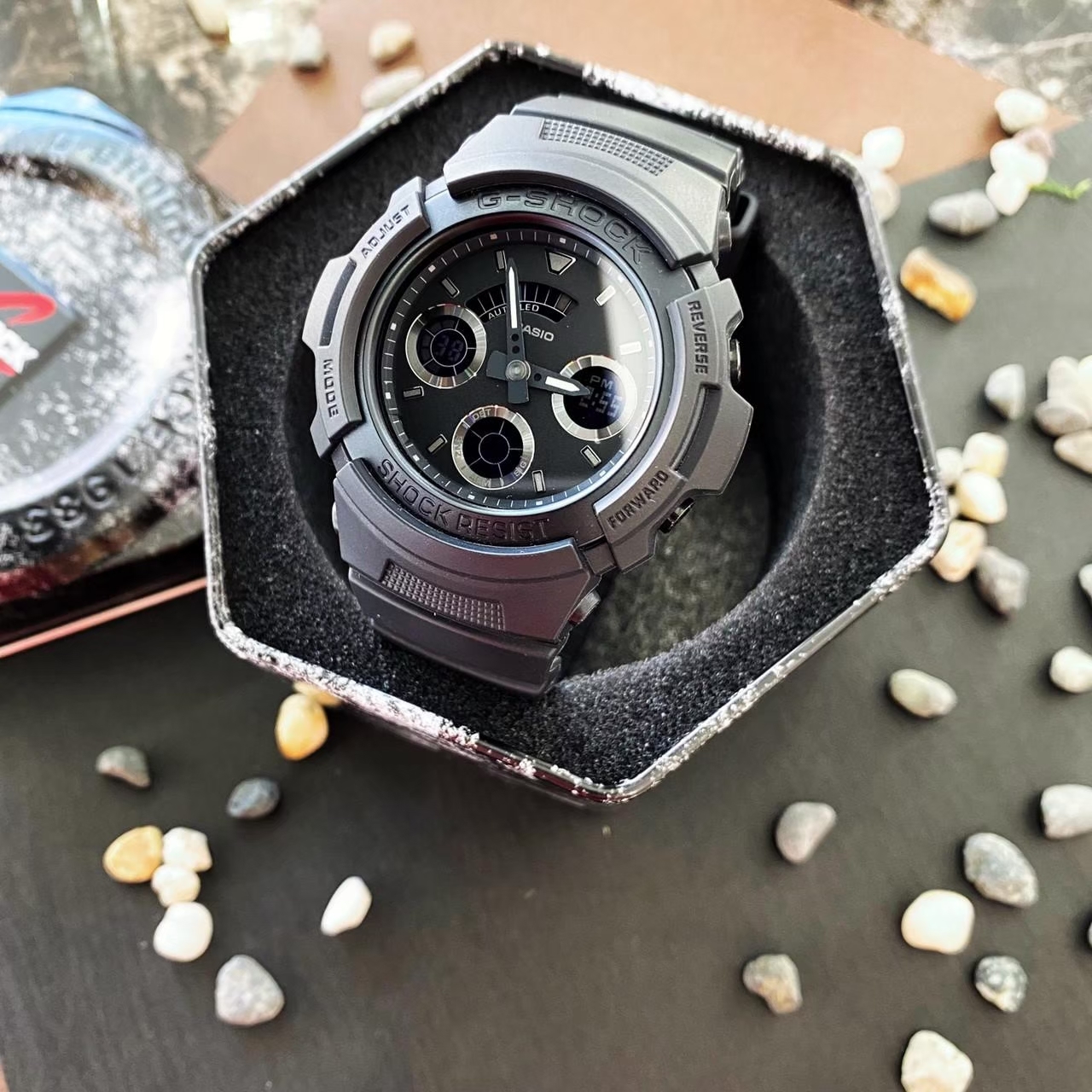 【G-SHOCK】強悍霧黑三眼雙顯電子錶 AW-591BB-1A 46.4mm  現代鐘錶