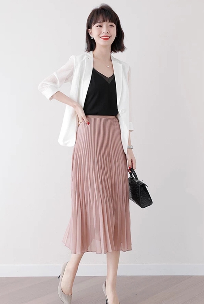 層次百褶雪紡中長裙 兩色