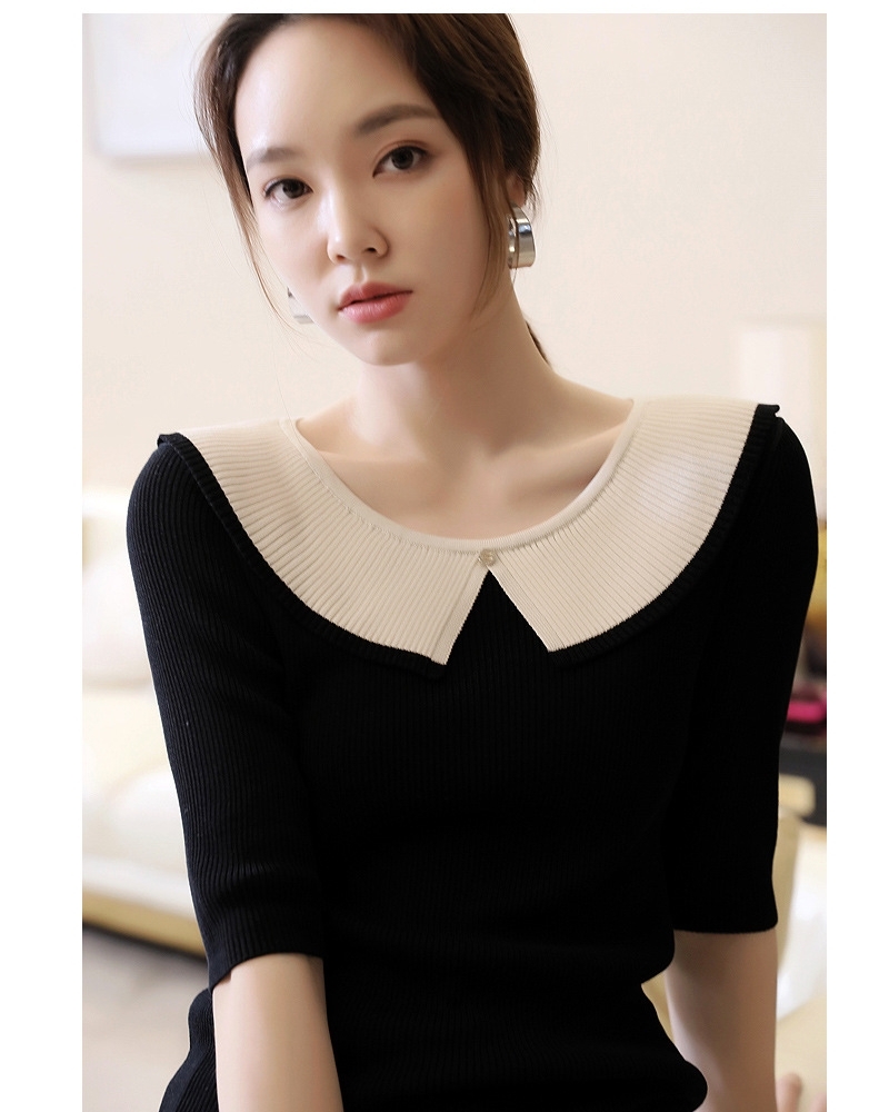 配色細褶領針織上衣 兩色