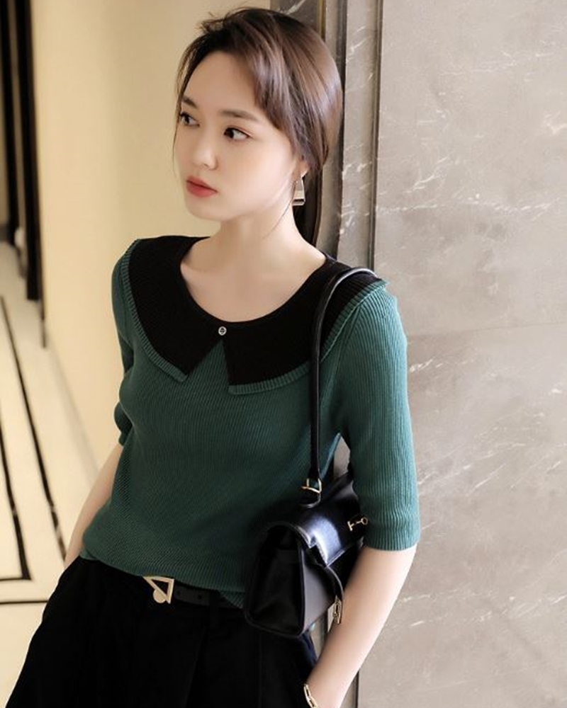 配色細褶領針織上衣 兩色