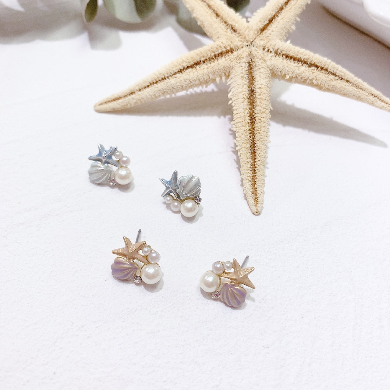 [日本制] 海星貝殼珍珠耳環