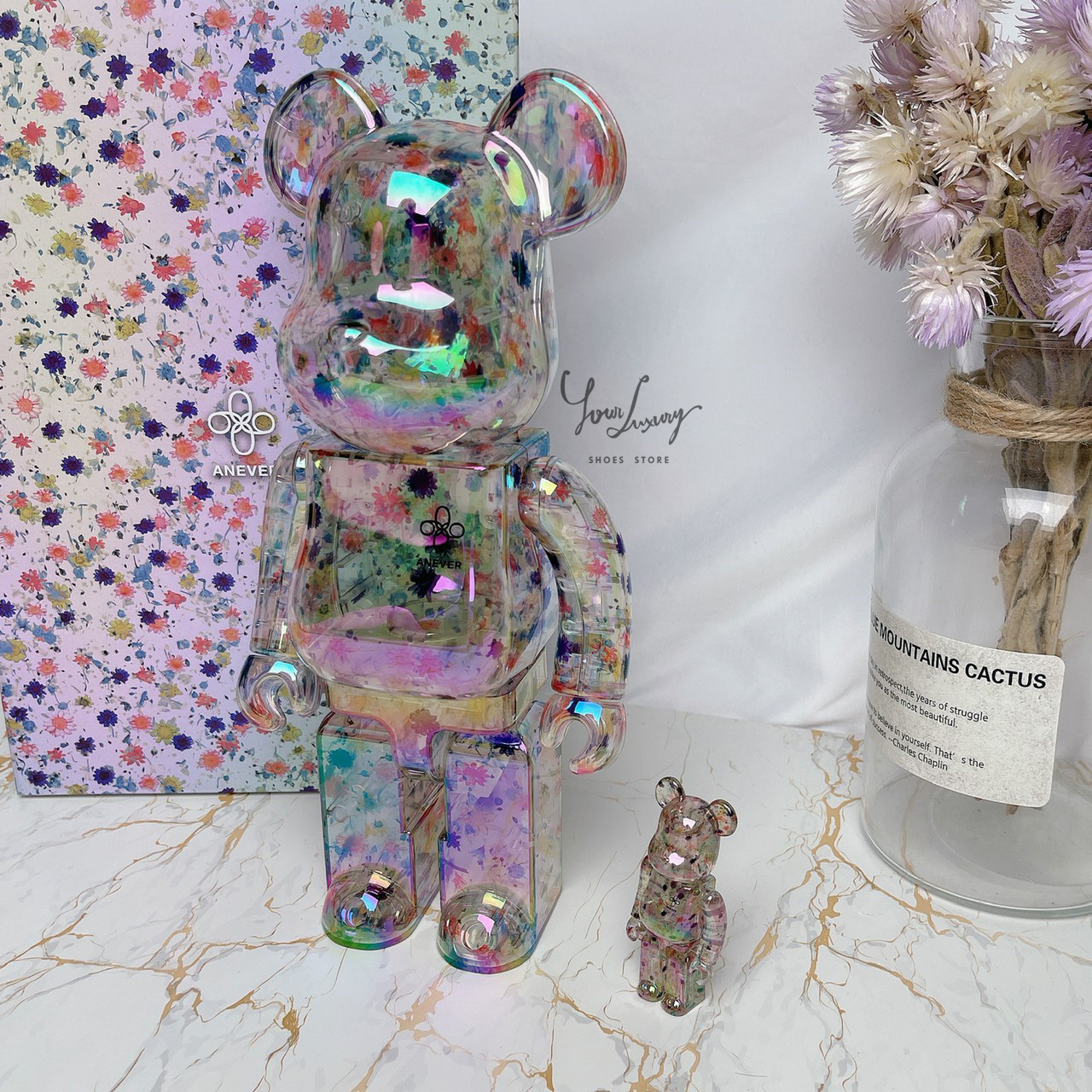 【Luxury】現貨 BE@RBRICK ANEVER  透明 幻彩粉紅 乾燥花 碎花 庫柏力克熊 400+100%