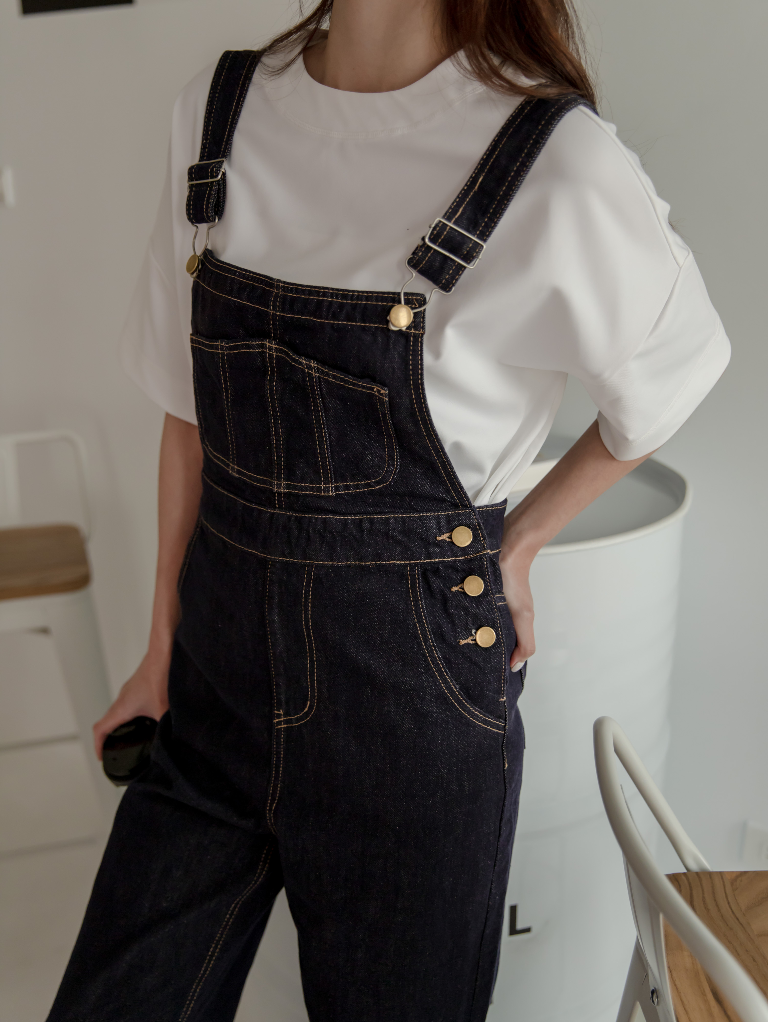 高腰深丹寧顯瘦吊帶褲