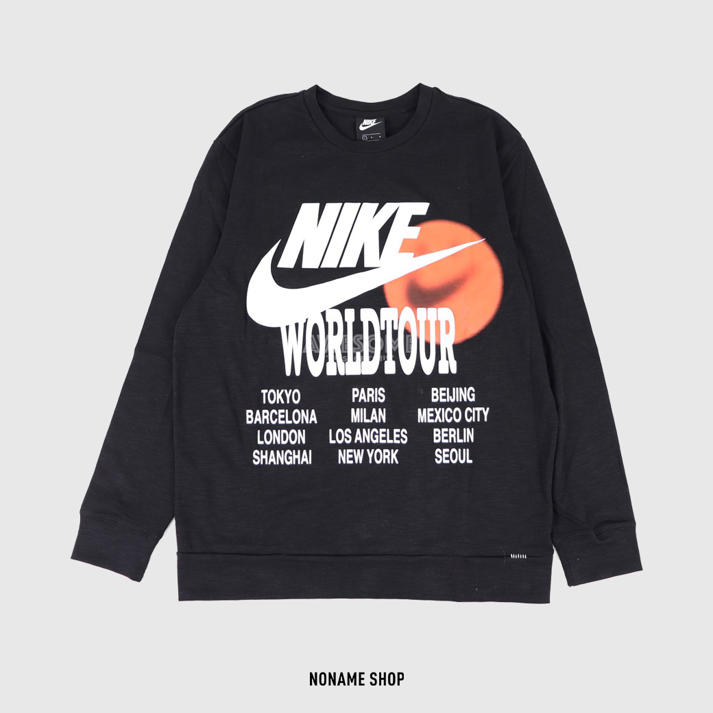 NIKE NSW LS TOP WORLDTOUR 文字 微笑 世界 竹節棉 夜光 長T 黑