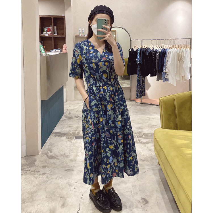 美花V口渡假短袖洋裝(有口袋)-盛青