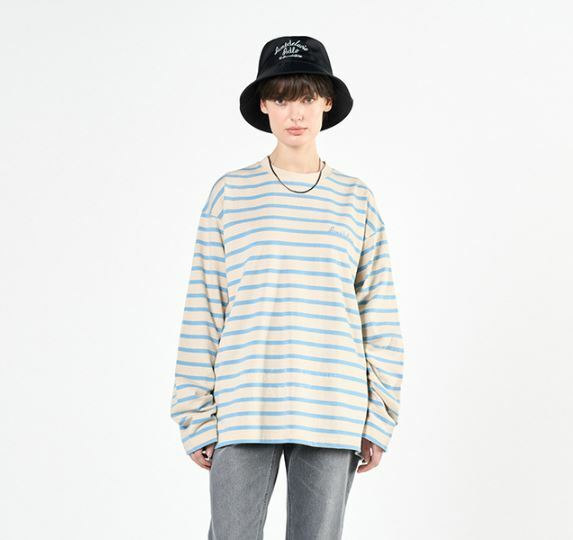 ACME DE LA VIE  SCRIPT LOGO 條紋 長袖 象牙白 藍 ADLV-22SS-LSLSSP-IVY