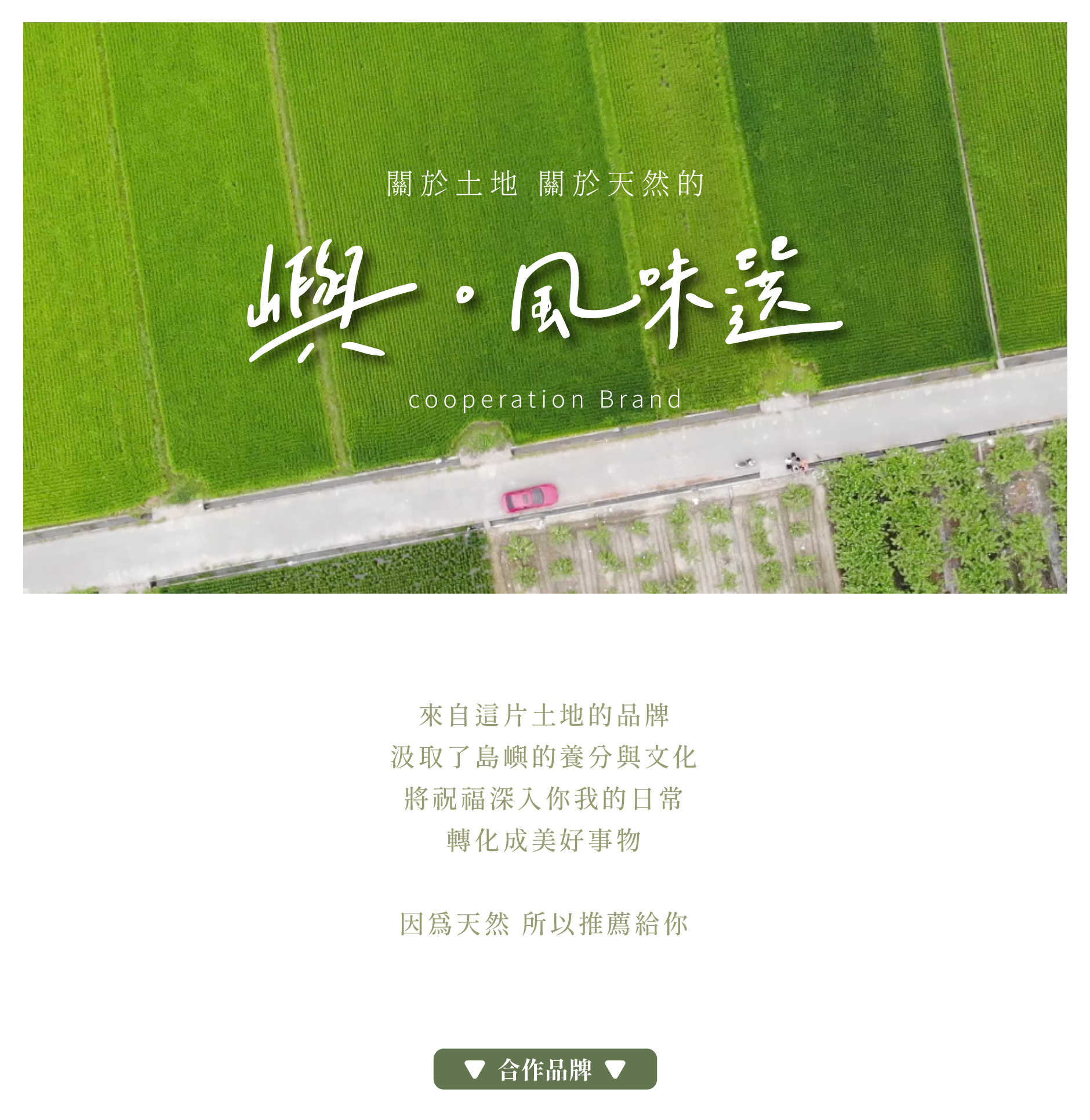 來自這片土地的品牌 汲取了島嶼的養分與文化將祝福深入你我的日常 轉化成美好事物  因為天然 所以推薦給你