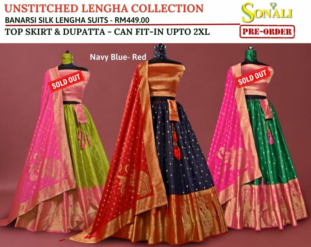 Sonali Women Lehenga Suits (Unstitched) / Banarsi Silk Lengha Top+Skirt+Dupatta- Pre-Order- SL772