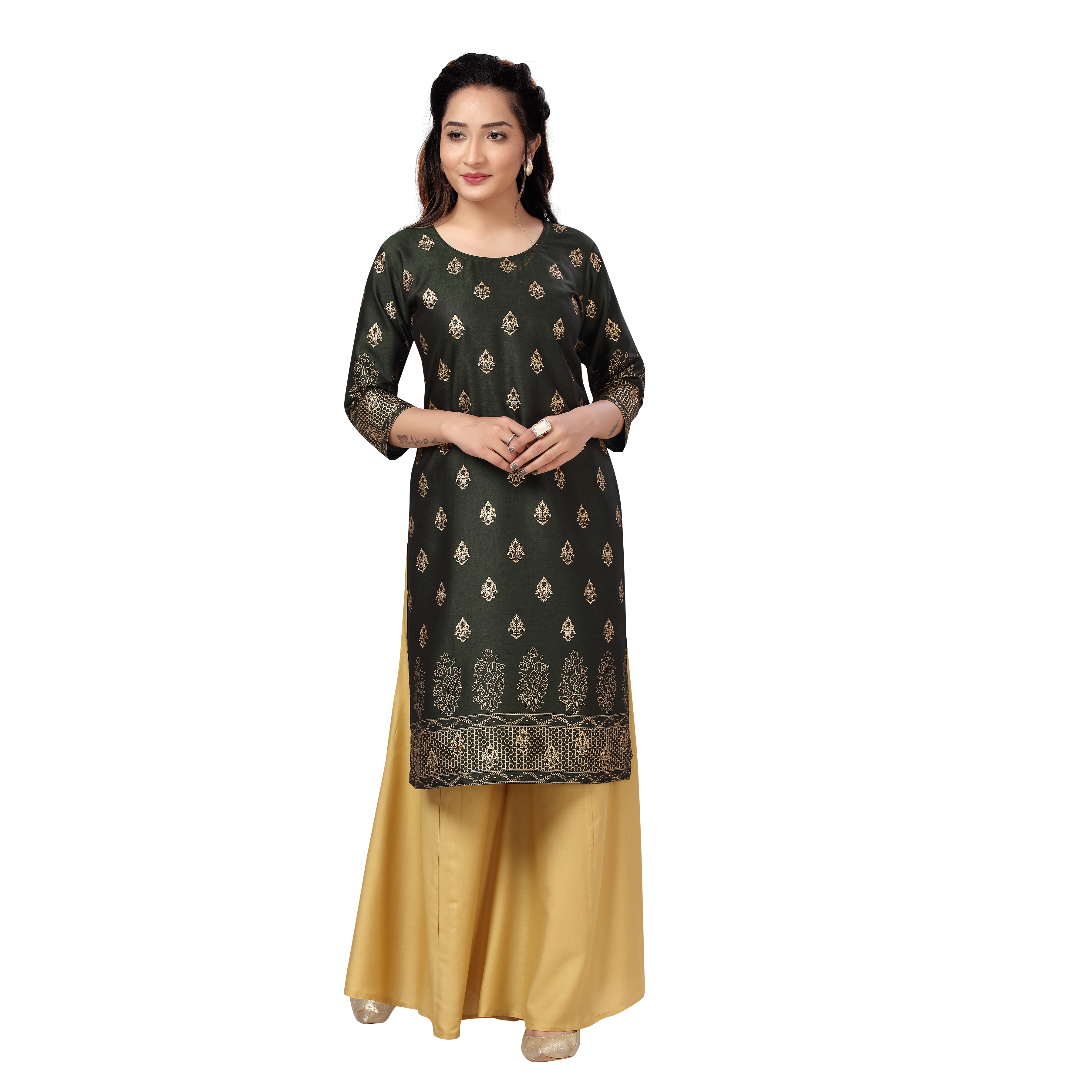 Sonali Women Long Rayon Bottle Green Printed Kurtis Jippa Top / Indian Ladies Top / Kurtis Wanita Warna Hijau / Plus Sizes Kurtis S to 6XL  Q1584