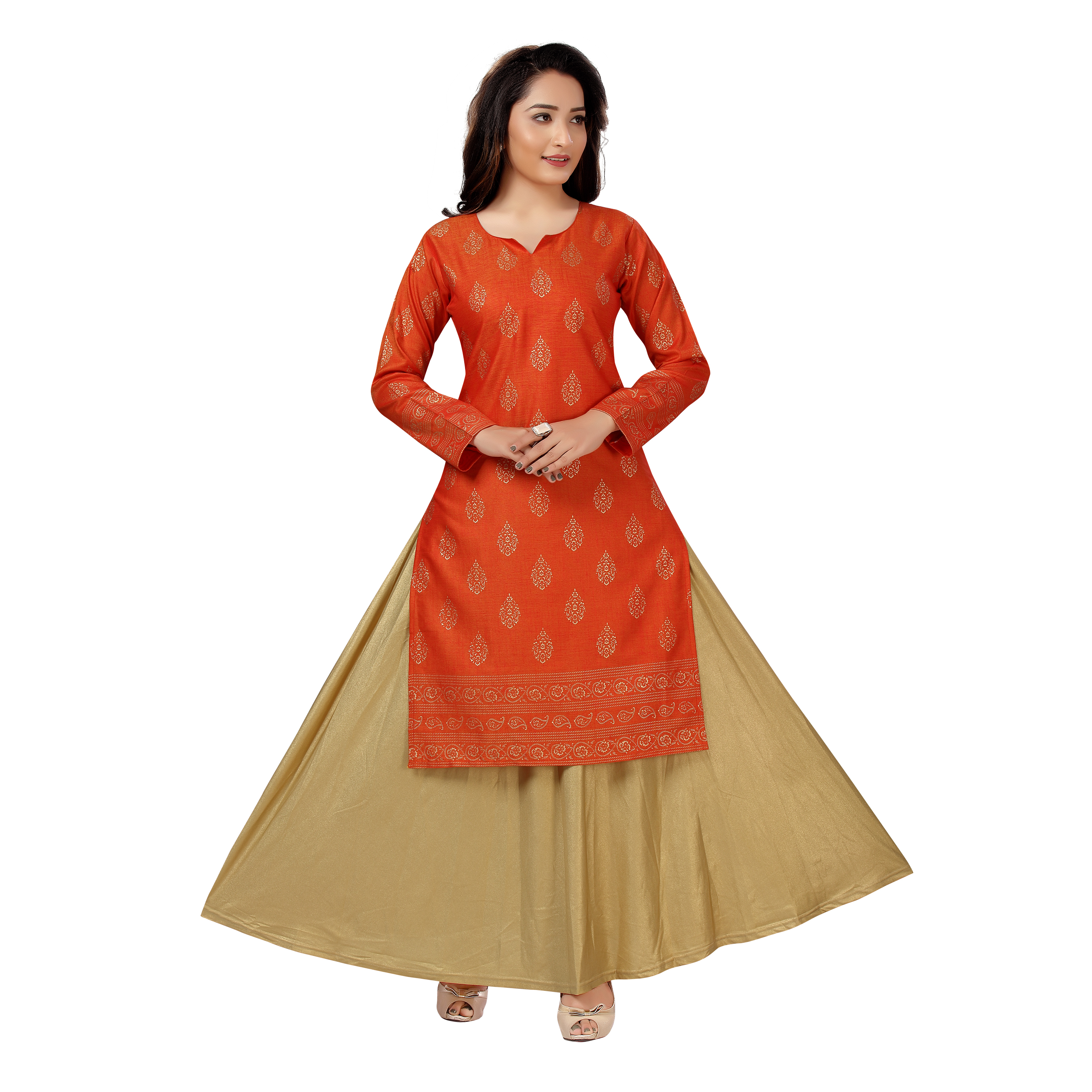 Sonali Women Long Rayon Orange Printed Kurtis  Jippa Top / Indian Ladies Top / Kurtis Wanita Warna Orange / Plus Sizes Kurtis S to 6XL Q1589