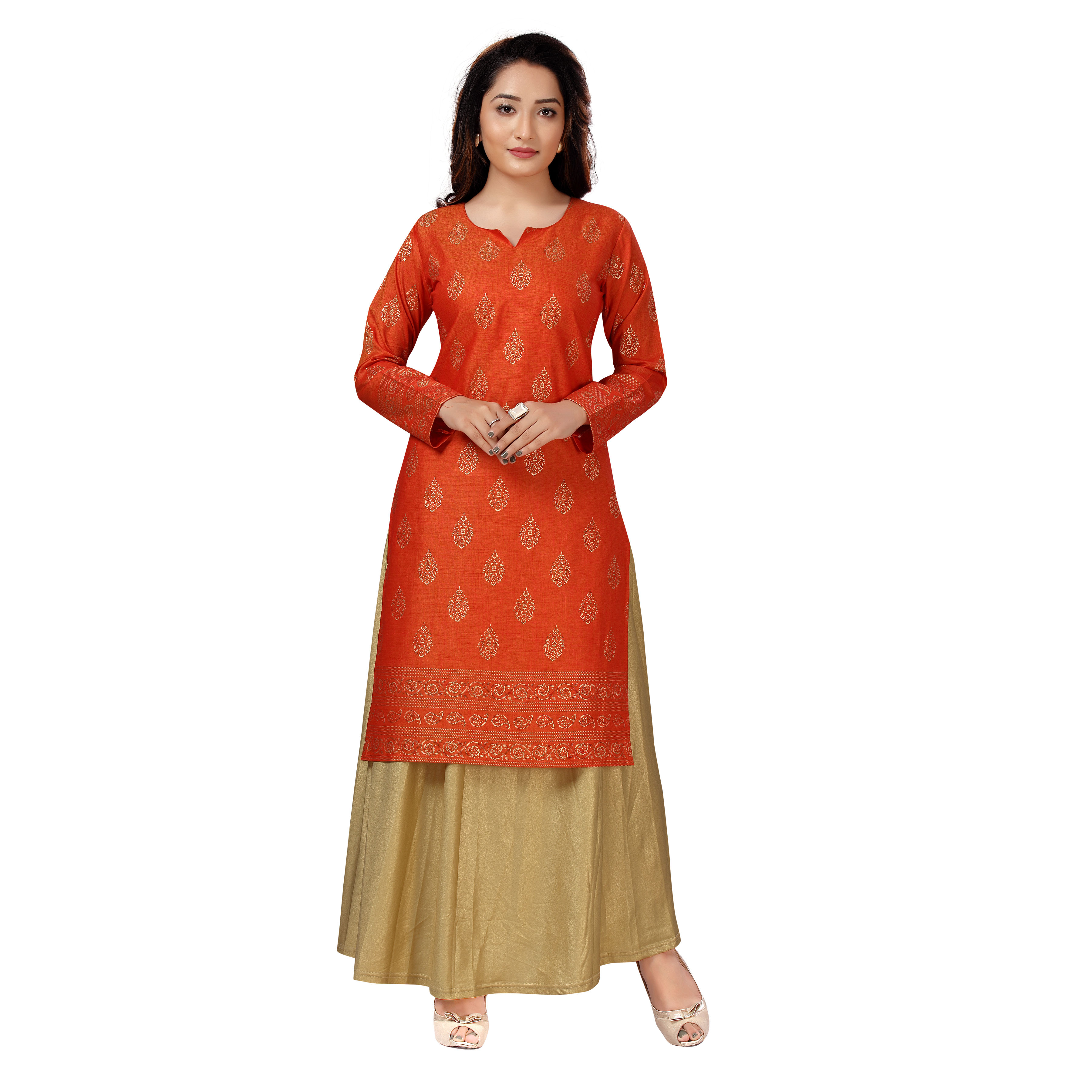 Sonali Women Long Rayon Orange Printed Kurtis  Jippa Top / Indian Ladies Top / Kurtis Wanita Warna Orange / Plus Sizes Kurtis S to 6XL Q1589