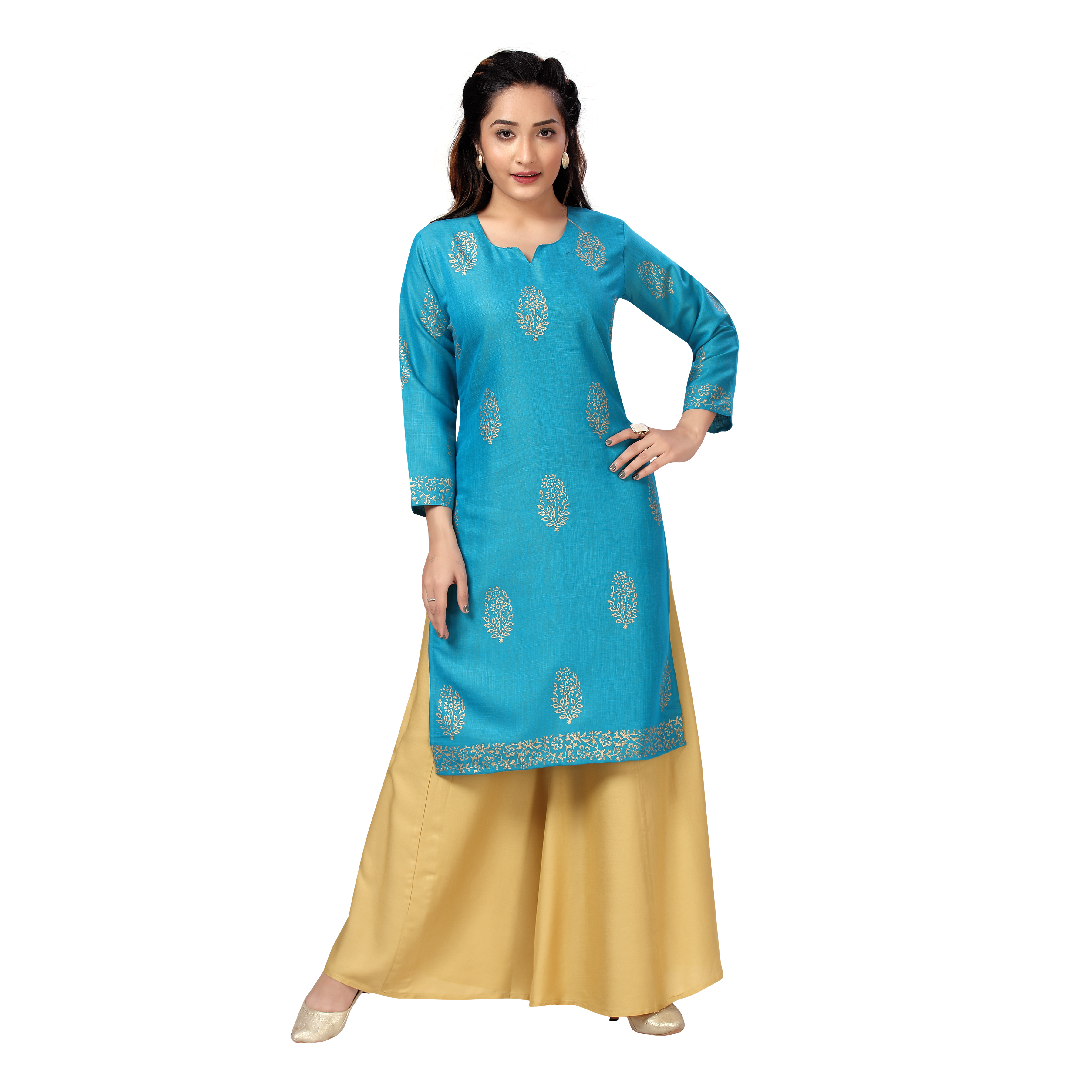 Sonali Women Long Rayon Firozi Printed Kurtis  Jippa Top / Indian Ladies Top / Kurtis Wanita Warna Firozi / Plus Sizes Kurtis Set S to 6XL Q1592