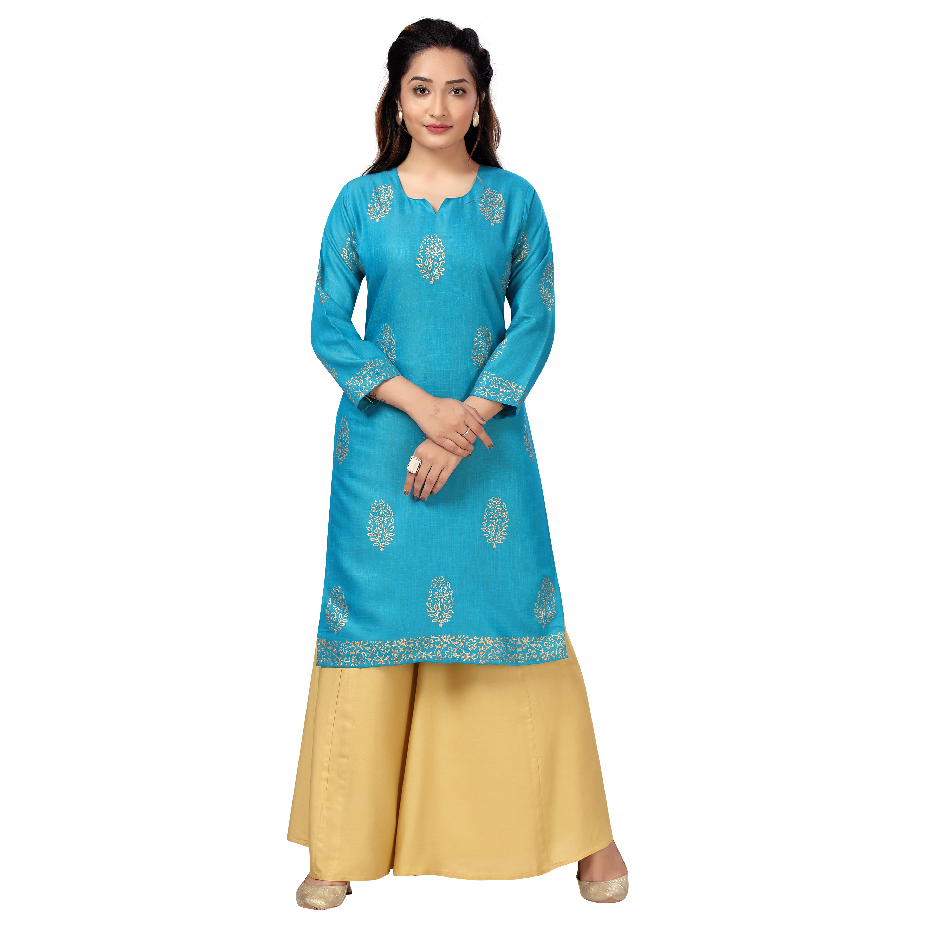 Sonali Women Long Rayon Firozi Printed Kurtis  Jippa Top / Indian Ladies Top / Kurtis Wanita Warna Firozi / Plus Sizes Kurtis Set S to 6XL Q1592