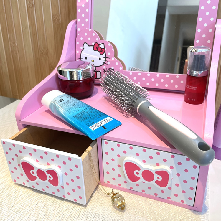 22096-KT Sanrio Hello Kitty 木製化妝鏡盒連抽屜 粉紅色 波點
