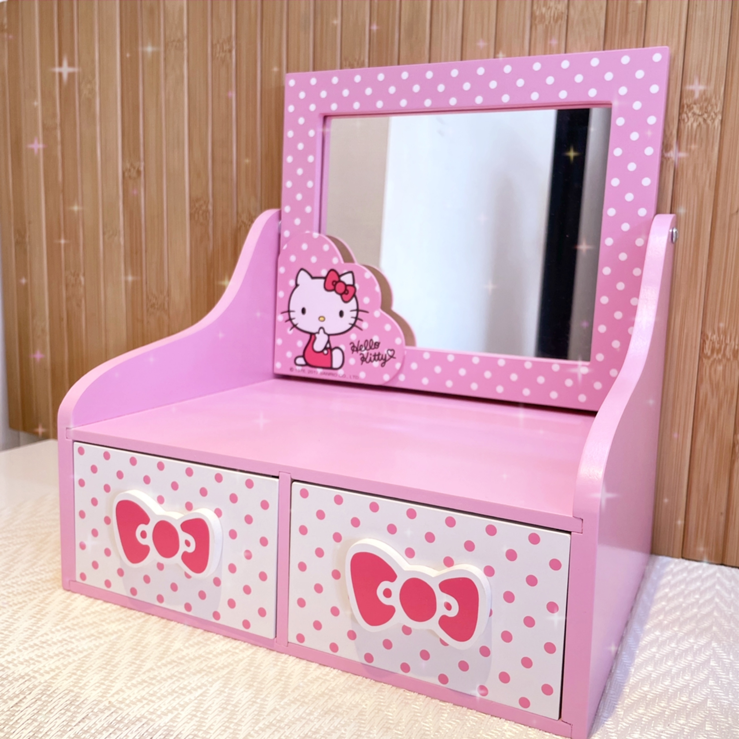 22096-KT Sanrio Hello Kitty 木製化妝鏡盒連抽屜 粉紅色 波點