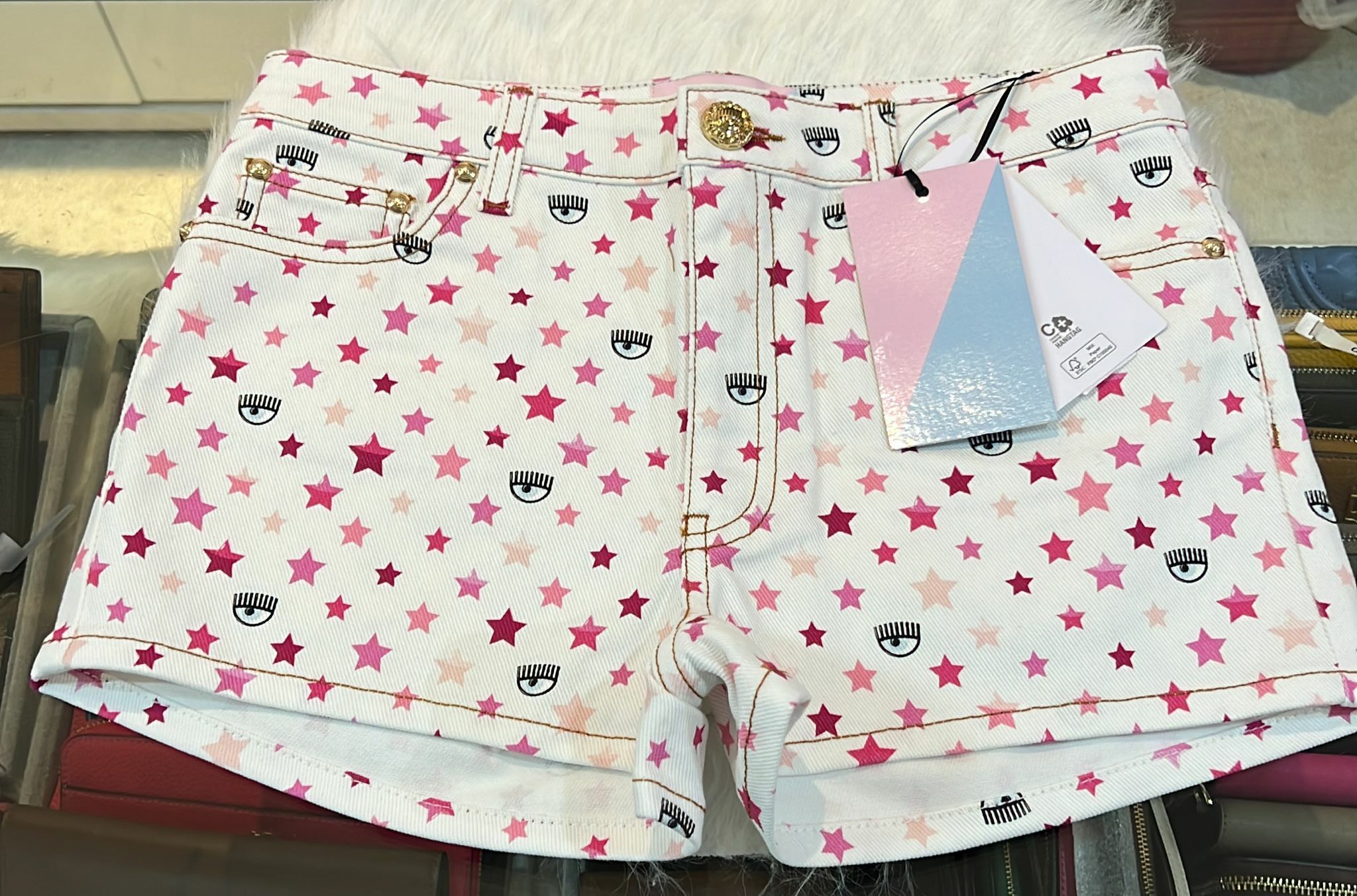 [S] CHIARA FERRAGNI STAR PRINT DENIM SHORTS 72CBD511-508, WHITE, ES034-003 [FINAL SALE] (SCF64)