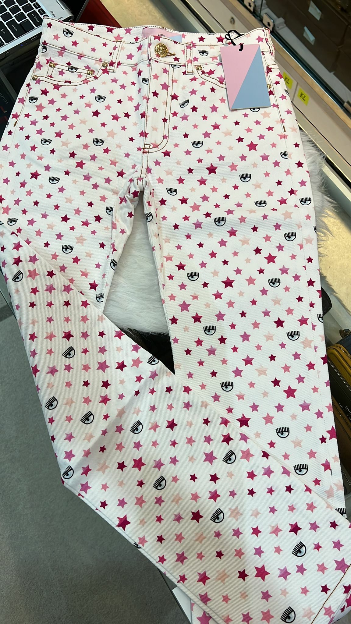 [S] CHIARA FERRAGNI STAR PRINT DENIM PANTS 72CBD511-508, WHITE, ES034-003 [FINAL SALE] (SCF65)