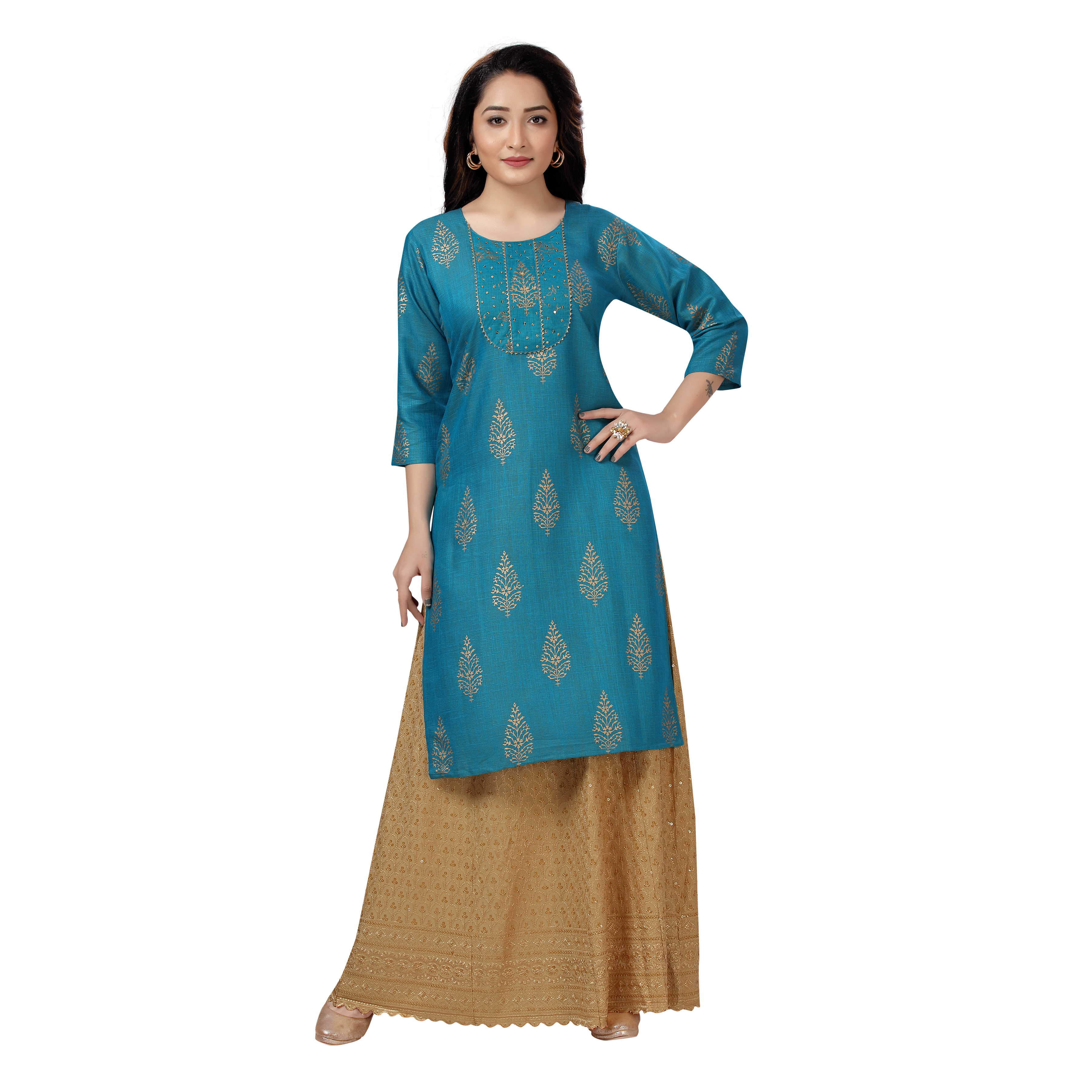 Sonali Women Long Rayon Firozi Printed Kurtis  Jippa Top / Indian Ladies Top / Kurtis Wanita Warna Firozi / Plus Sizes Kurtis S to 6XL Q1597