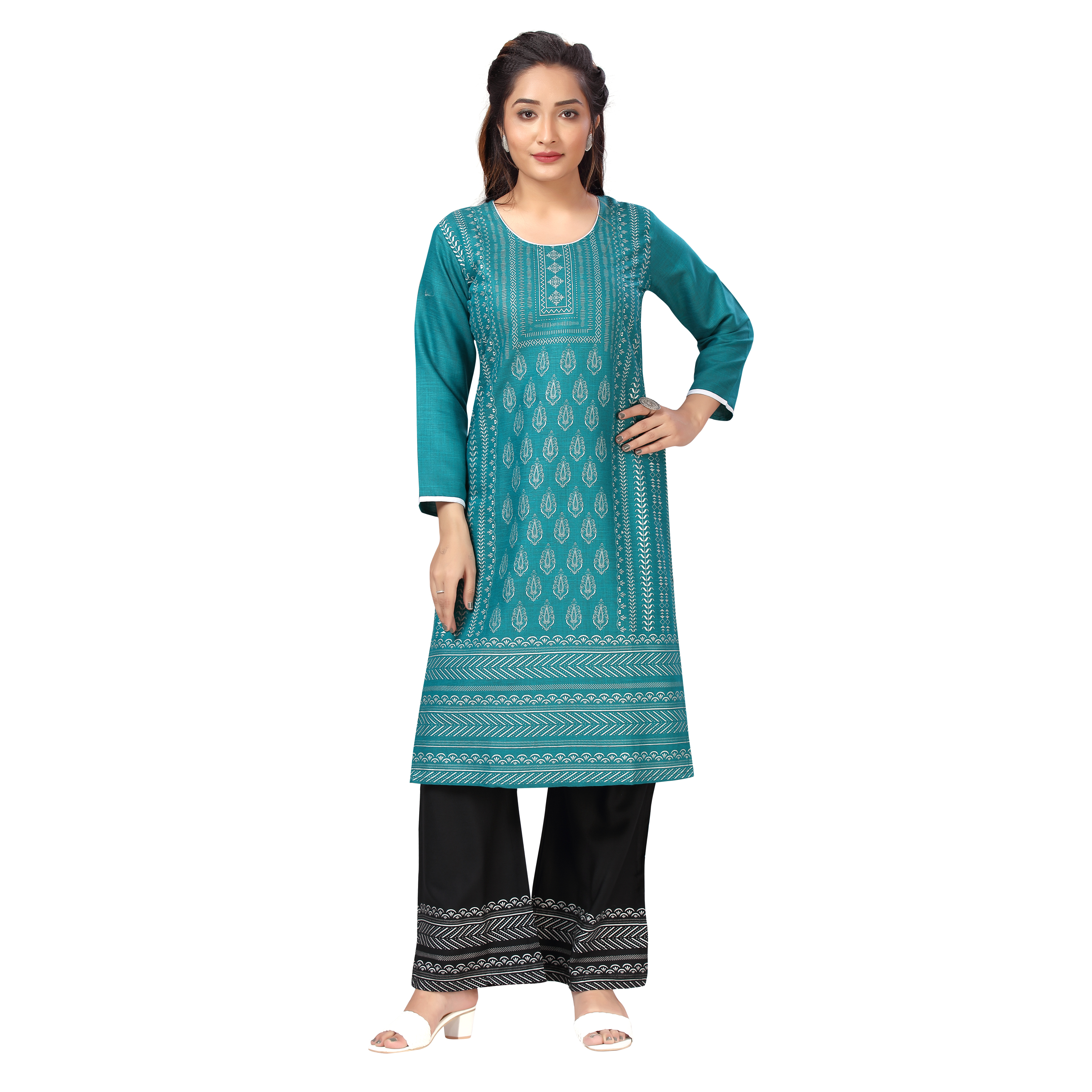 Sonali Women Long Rayon Firozi Printed Kurtis Jippa Top Set  / Indian Ladies Top / Kurtis Wanita Warna Firozi Set / Plus Sizes Kurtis Set S to 6XL Q1603