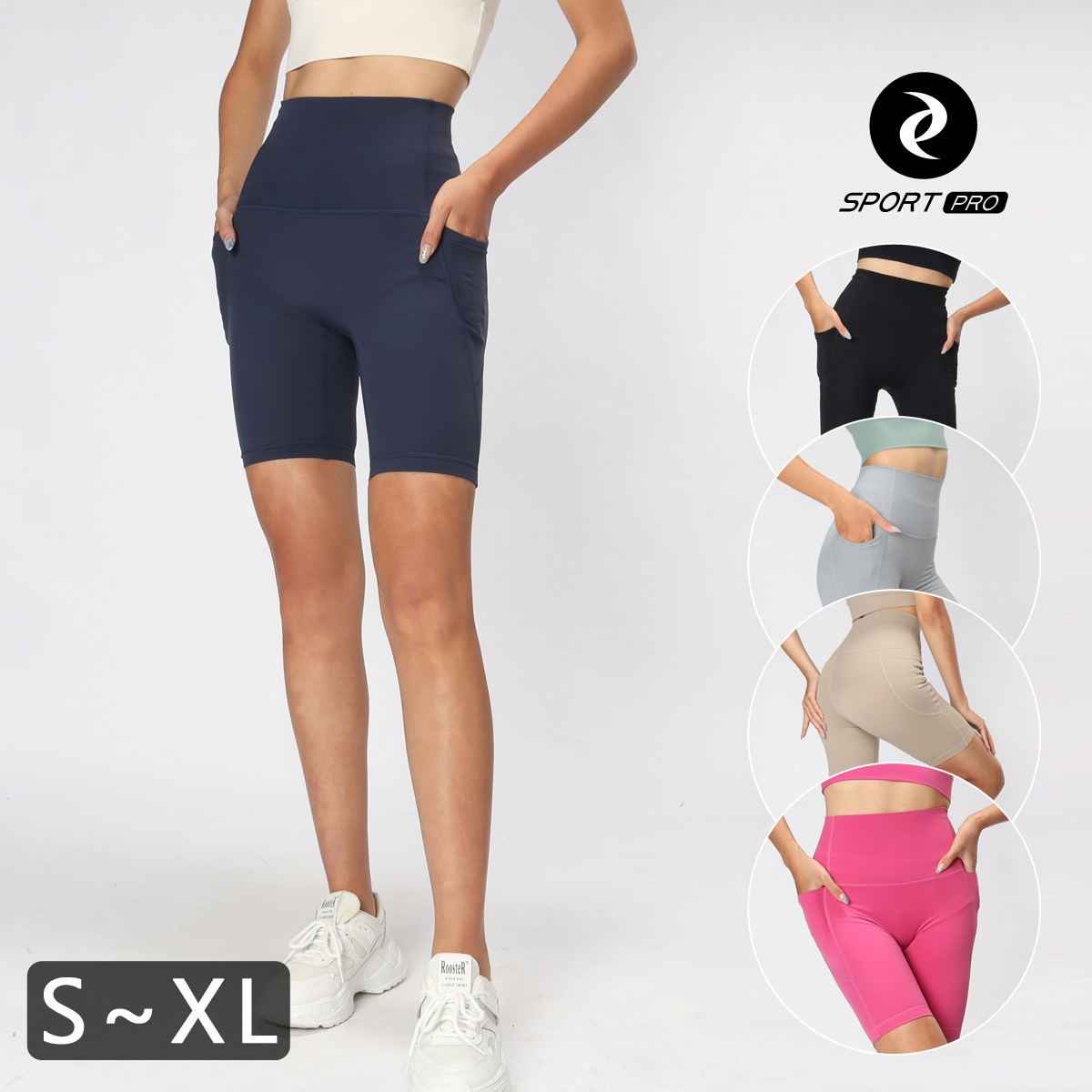 高腰收腹無尷尬線裸感口袋五分瑜珈/運動/緊身短褲*