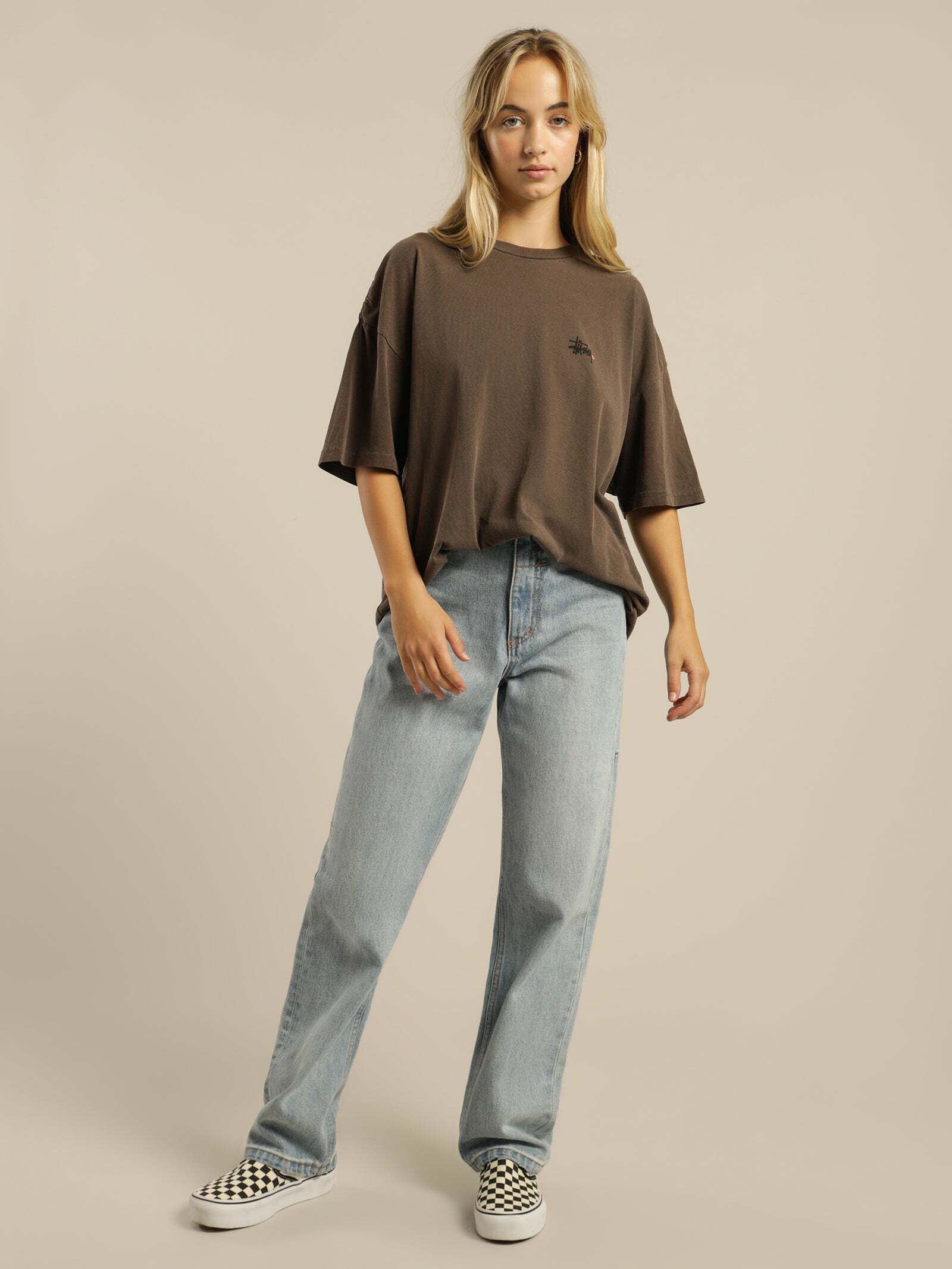 Stussy 落肩款 簡約經典LOGO 短袖 T恤 咖色 女