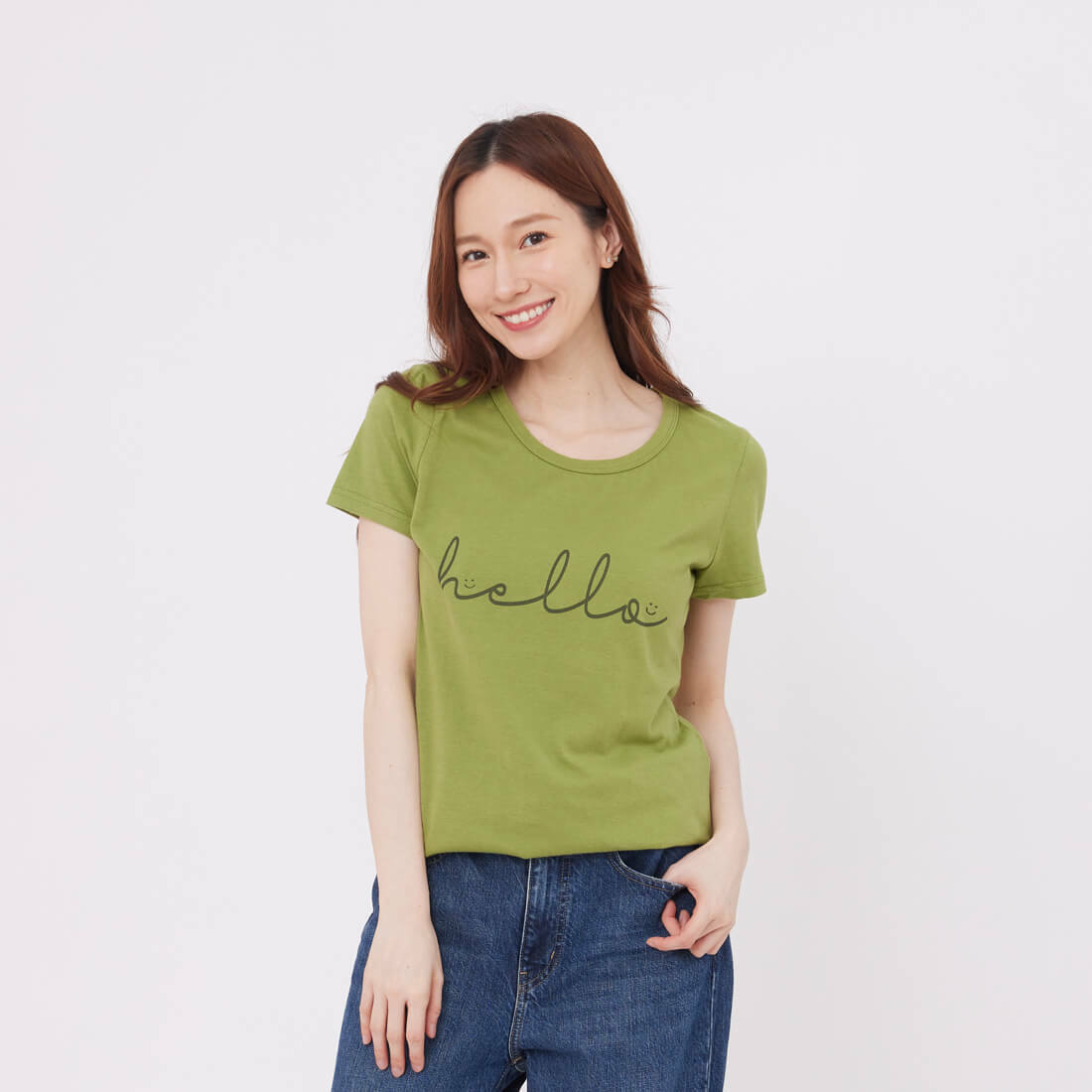 Hello 短袖 蜜桃棉 女T 芥末綠