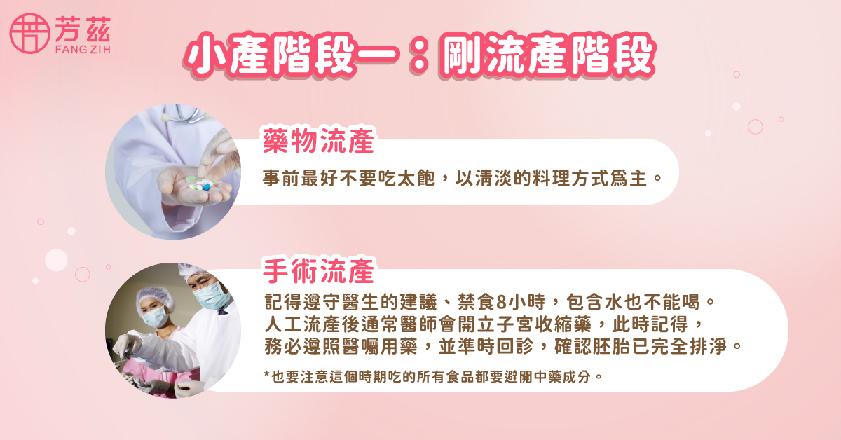 進行人工流產前飲食清淡,若是選擇藥物流產的方式,事前不要吃太飽,以清淡的料理方式。選擇「手術流產」,記得遵守醫生的建議、禁食8小時,包含水也不能喝。  人工流產後通常醫師會開立子宮收縮藥確認胚胎已完全排淨也要注意這個時期吃的所有食品都要避開中藥成分。