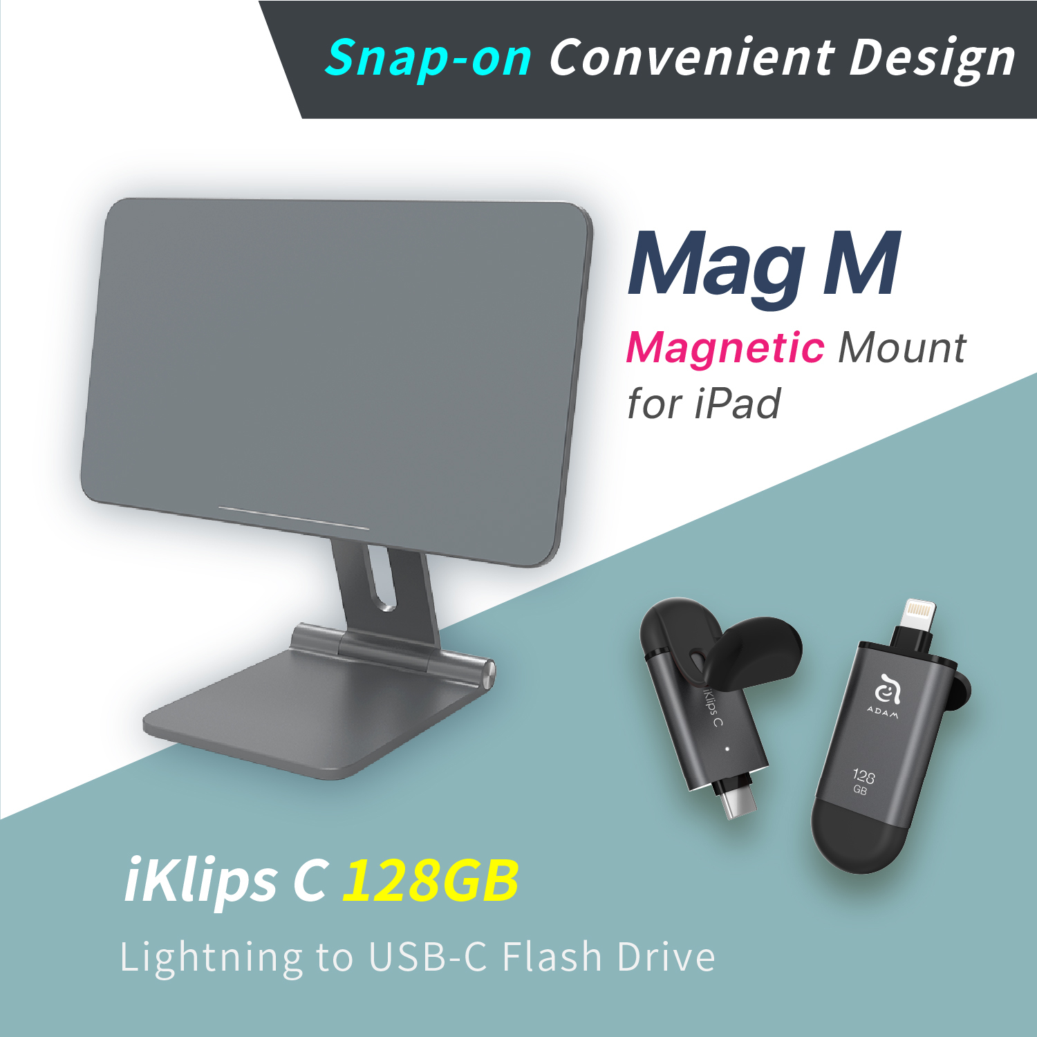 Mag M Magnetic Mount for iPad + iKlips C 128GB Apple Lightning/USB-C Flash Drive