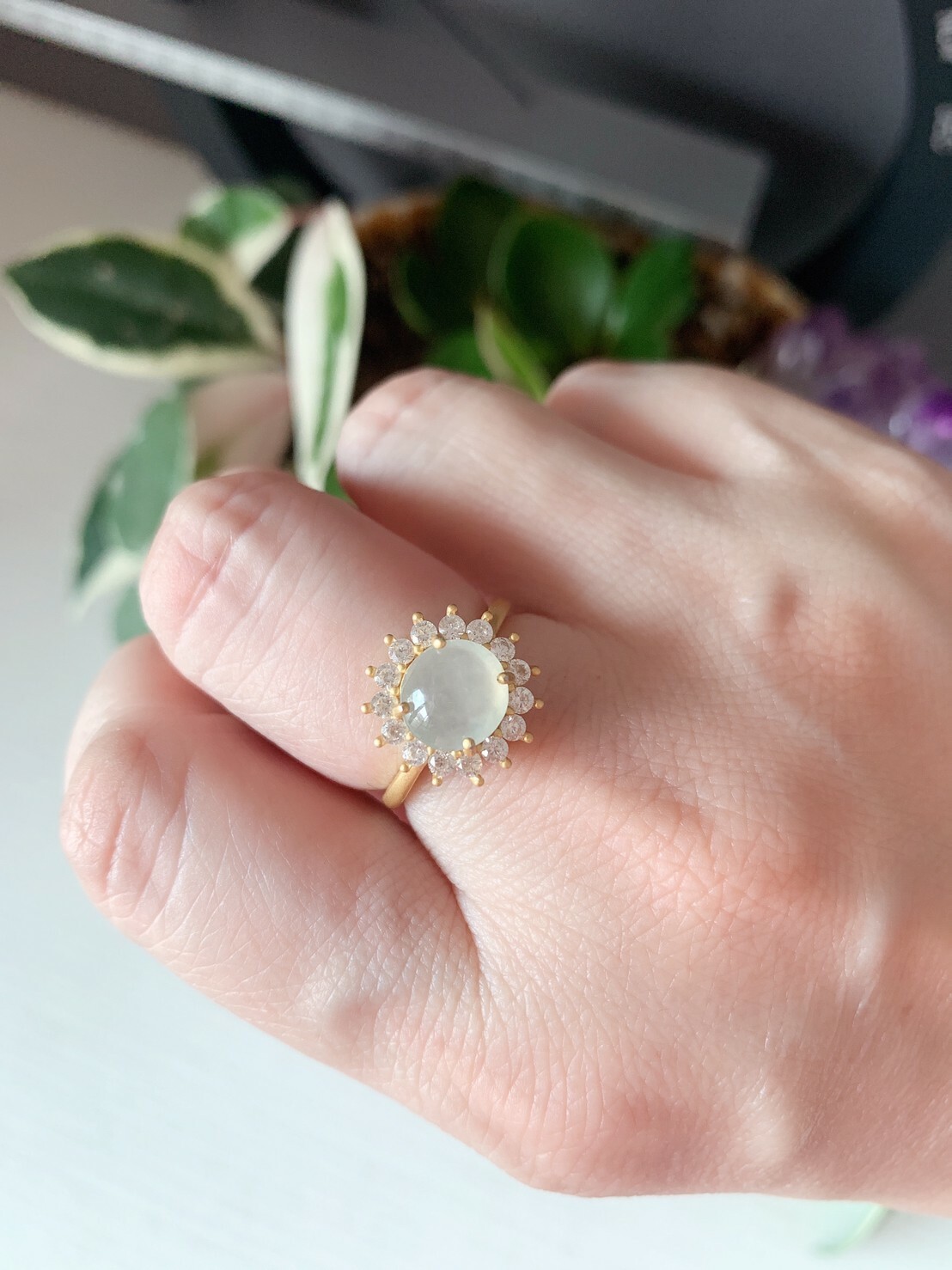 向日葵丨冰種白翡翠銀黃K戒