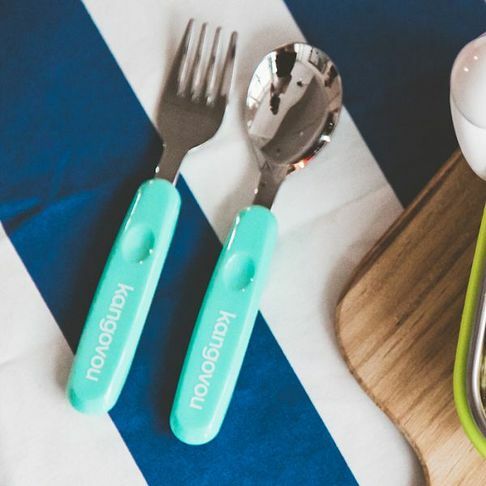 美國 Kangovou 小袋鼠不鏽鋼湯叉組-薄荷綠(附收納盒)【總代理公司貨】