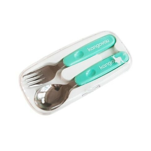 美國 Kangovou 小袋鼠不鏽鋼湯叉組-薄荷綠(附收納盒)【總代理公司貨】