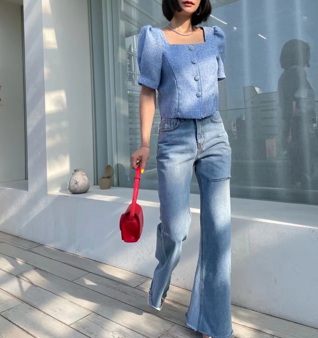 JUNP251 喇叭小拼色牛仔褲