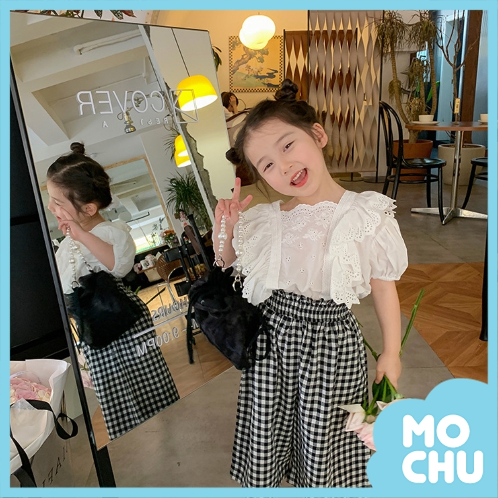 花邊泡泡袖上衣+格子高腰褲套裝