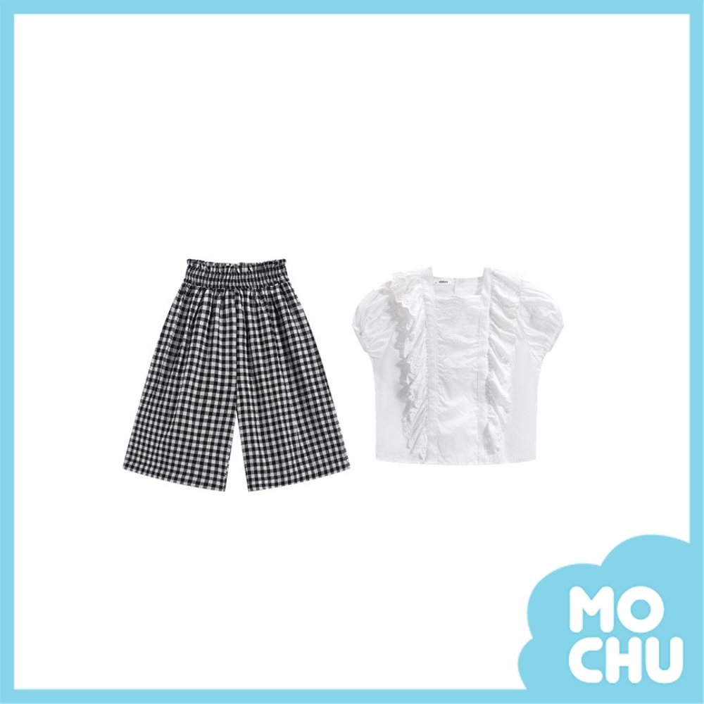 花邊泡泡袖上衣+格子高腰褲套裝