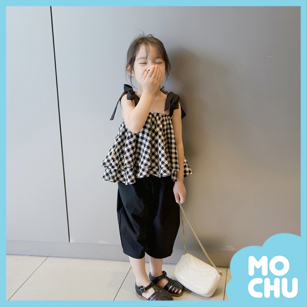 格子系帶短款上衣+九分褲套裝