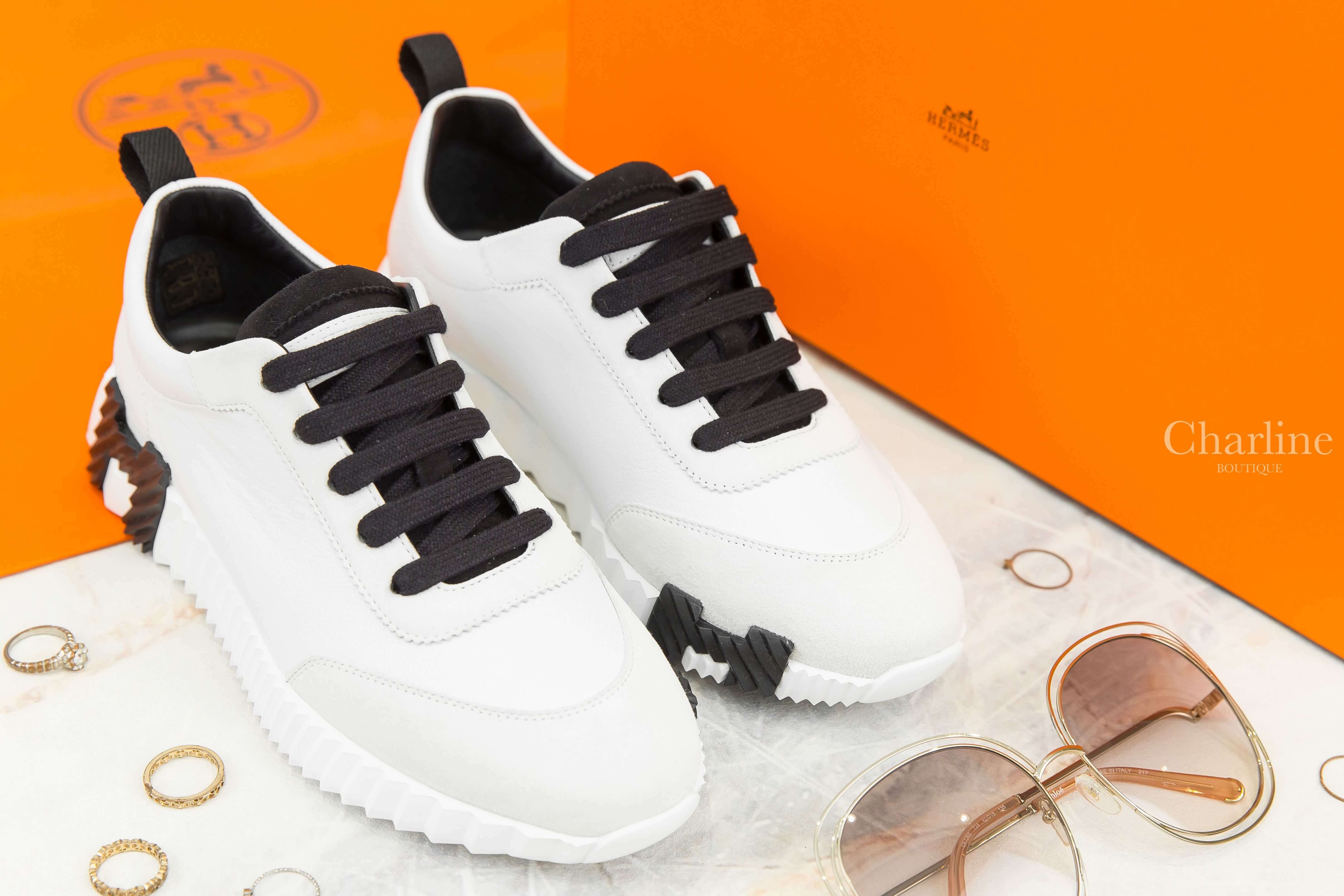 Hermès Bouncing Sneaker 白色山羊皮拼麂皮黑色H運動鞋