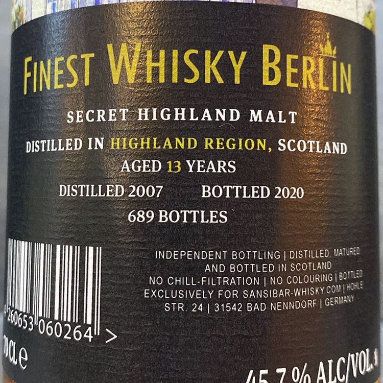 Sansibar Secret Highland Malt 2007 13 Years Finest Whisky Berlin Batch 2020 45.7% (Clynelish)
