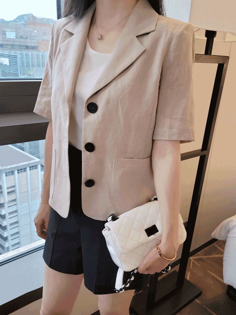 [現貨]簡約百搭亞麻短袖外套(象牙白)