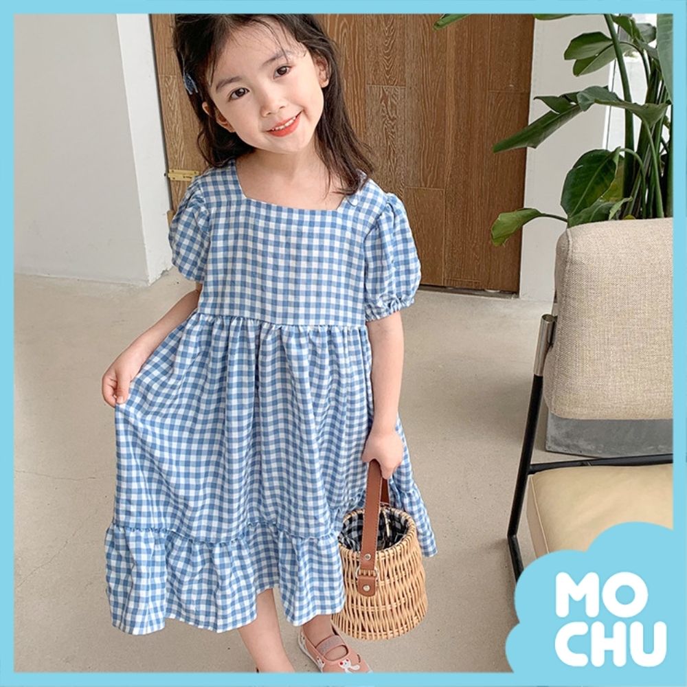 簡約格子寬領口短袖連衣裙(兩色)
