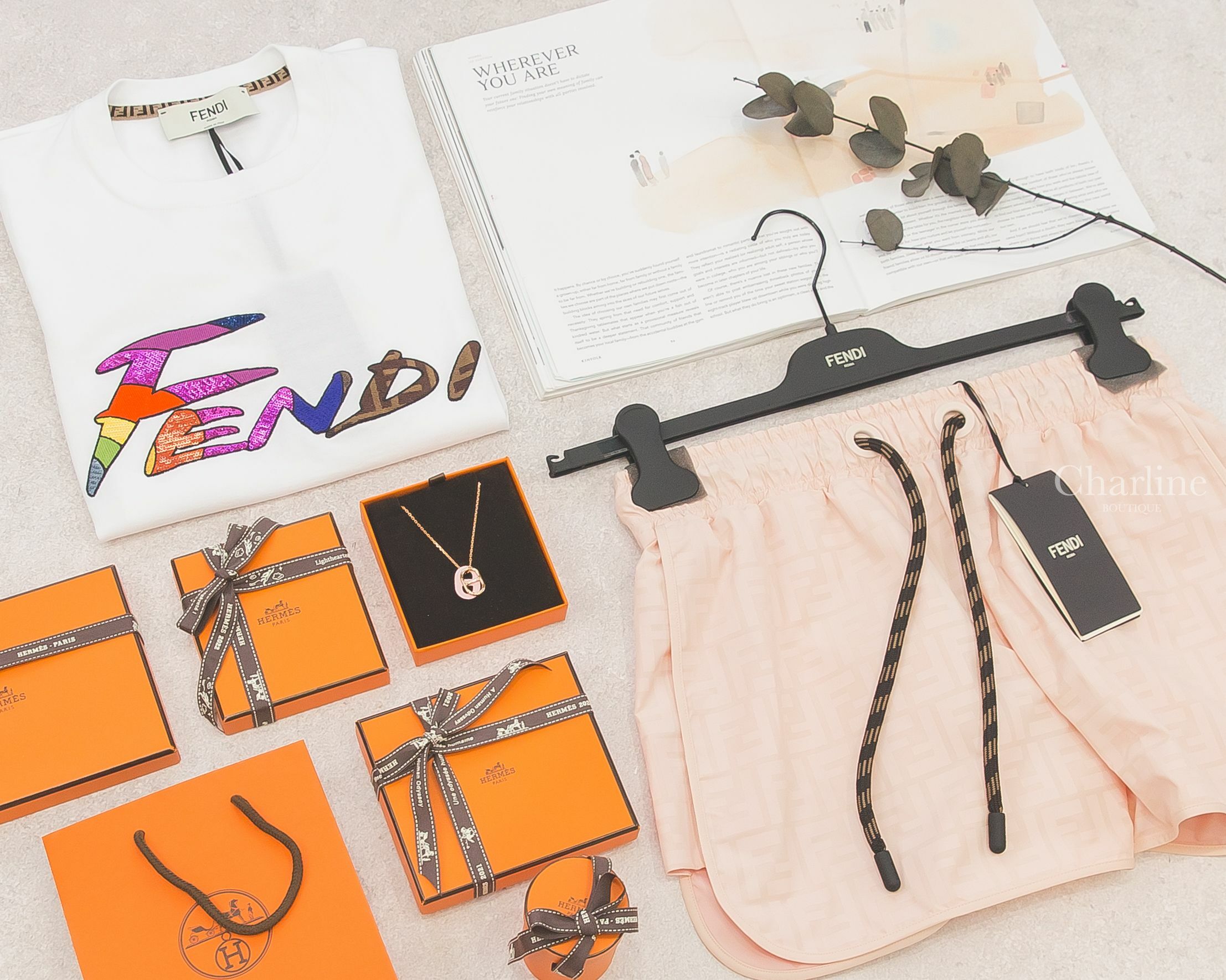 Hermès O'Maillon Pendant 櫻花粉牛皮玫瑰金色θ項鍊-Charline Boutique 精品代購