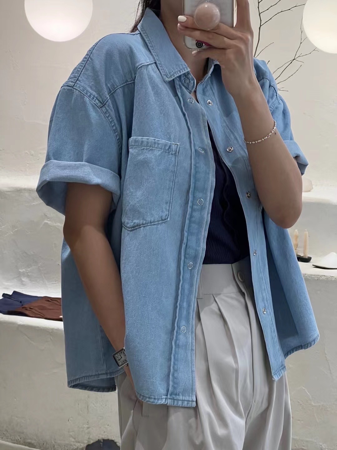 (外出必備!)休閒短袖牛仔襯衫