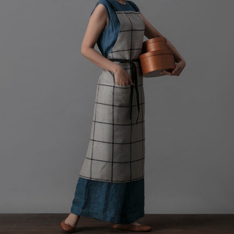 Lino e Lina 方格子非水洗亞麻長圍裙