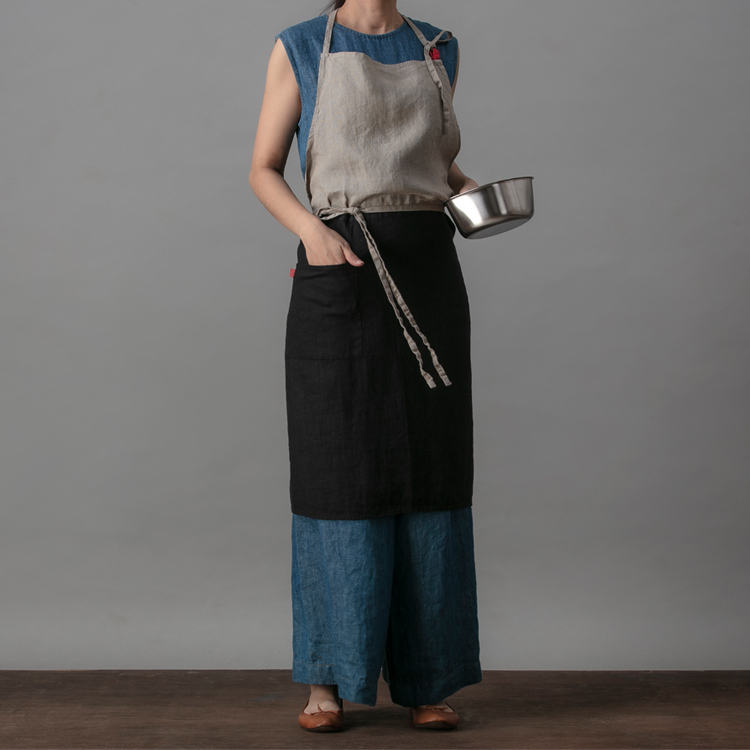 Lino e Lina 拼色亞麻長圍裙 黑與原色