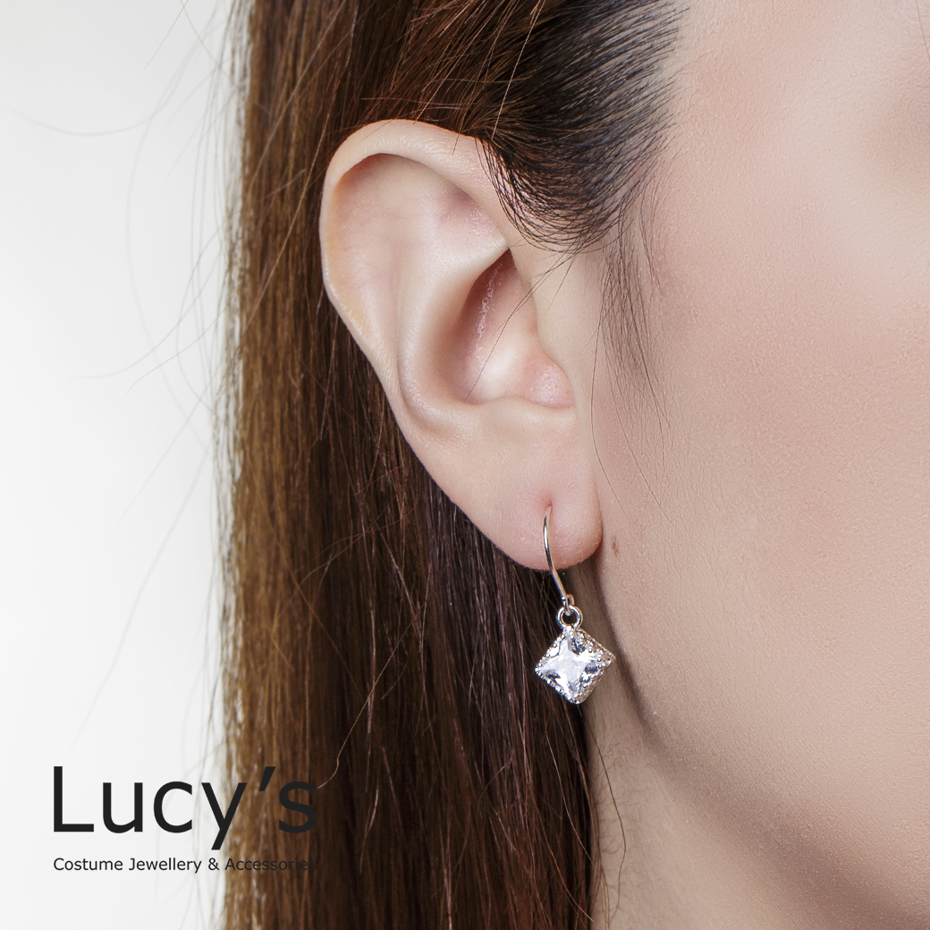 925純銀 菱形鋯石 耳勾耳環 (二色) (18533/100962)