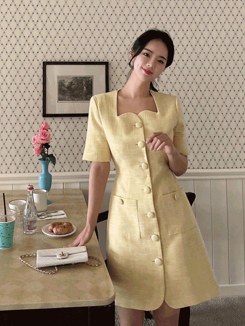 [現貨]優雅心型領洋裝 [ 黃色 /S ]