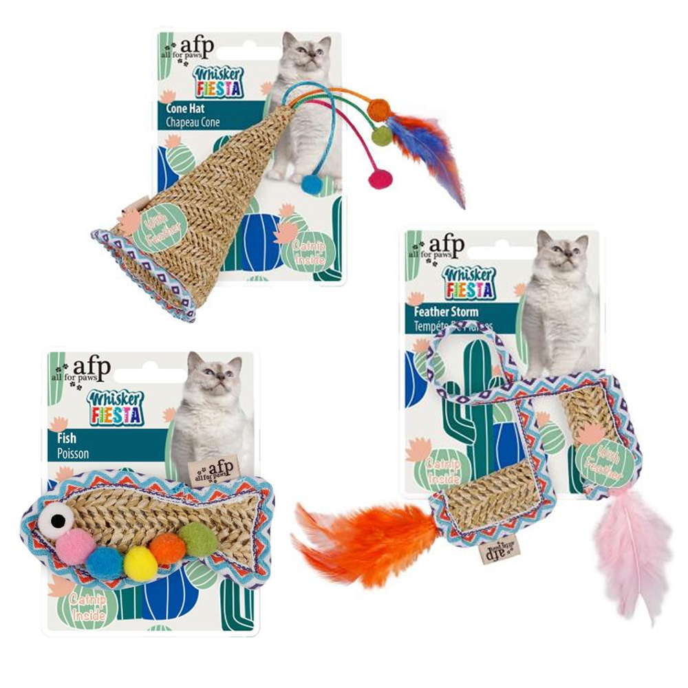 【all for paws】美國AFP貓用玩具 編織嘉年華系列 -彩球魚/瘋羽毛/錐形帽