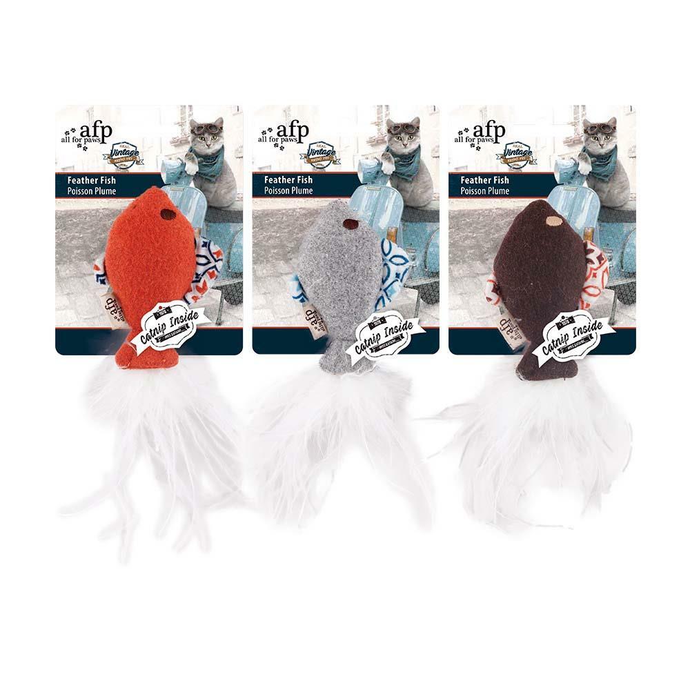 【all for paws】美國AFP貓用玩具 復古貓系列-羽毛花魚 (顏色隨機)