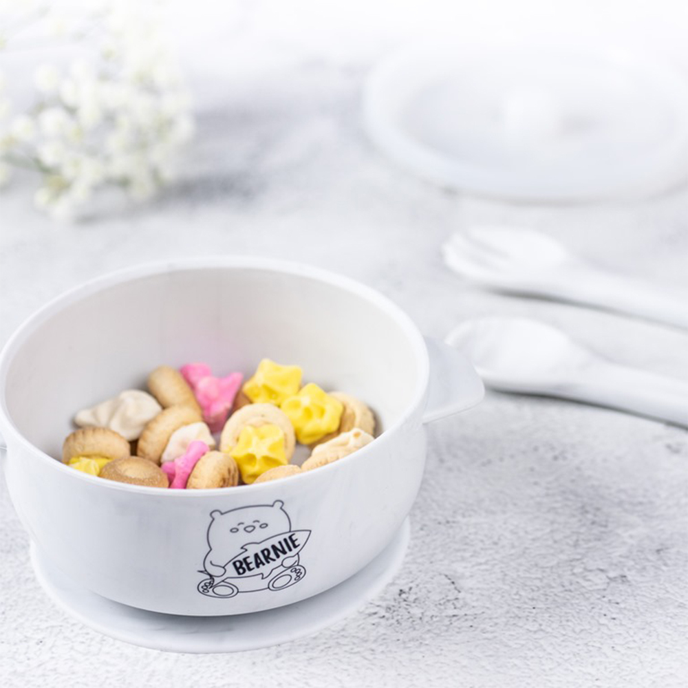 大熊好食吸盤碗(附贈湯叉)【大理石】-新加坡Little Bearnie 小貝尼兒童矽膠餐具