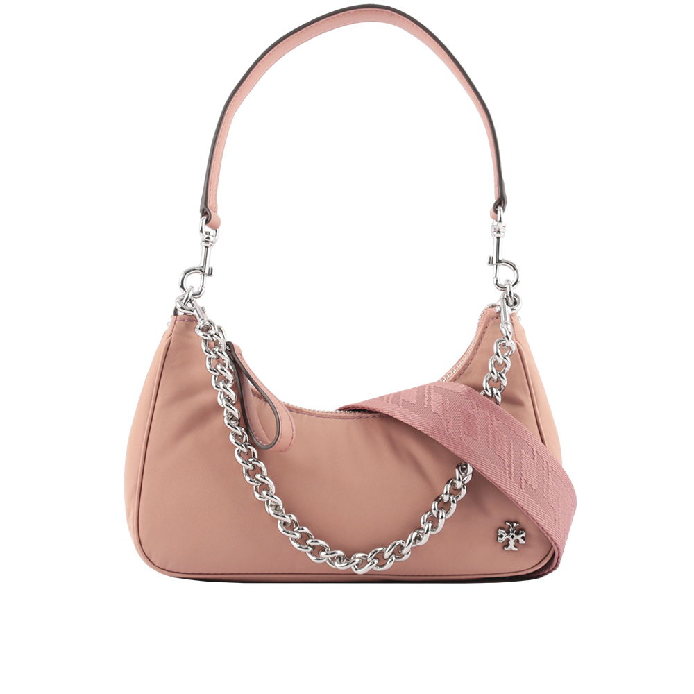 【Tory Burch】151 Mercer 尼龍拼皮革三合一彎月包(錦葵粉)